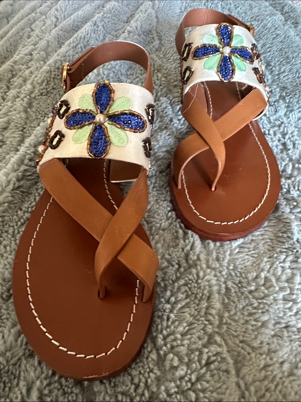 Tory Burch Estella Women’s Brown Leather Sandals with Blue Beaded Flower